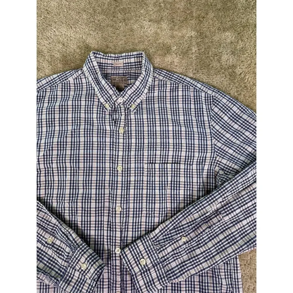 J. Crew Factory Slim Fit Tailored Button Down Plaid Shirt Blue Gray Large D836
